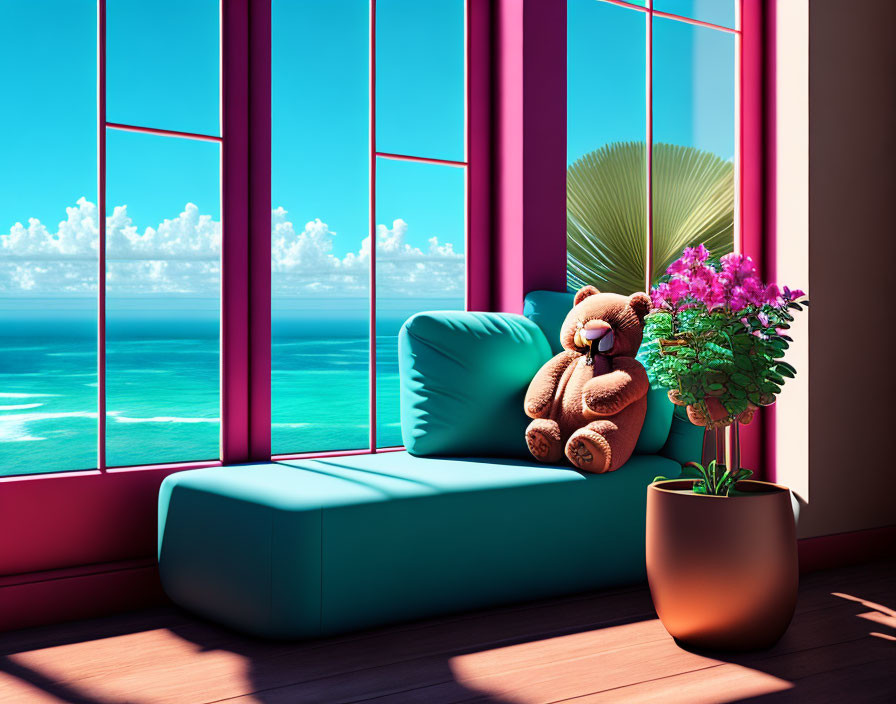 Cozy window seat with teddy bear and ocean view.