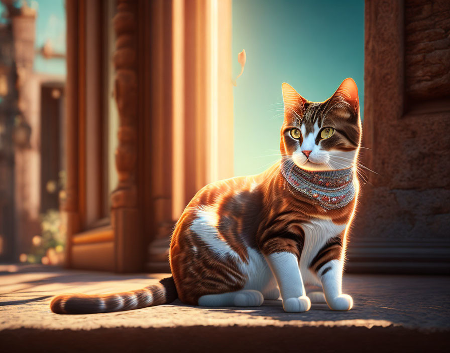 Orange and White Cat with Bejeweled Collar in Sunlit Doorway
