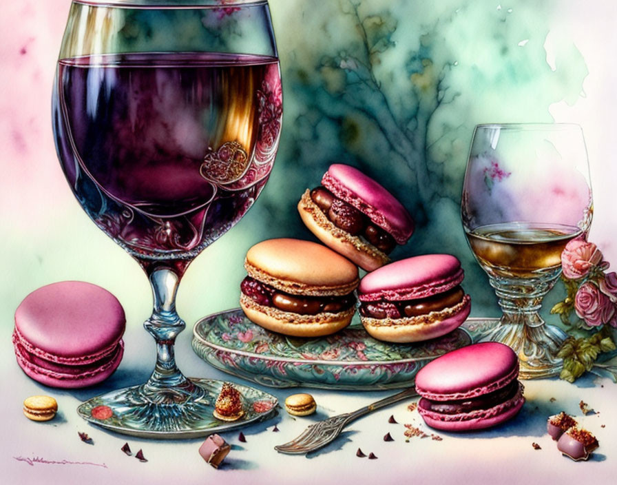 Colorful macarons, red wine glass, fork, and petals on decorative plate.