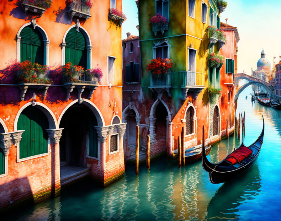Venetian Canal Scene with Colorful Buildings and Gondola