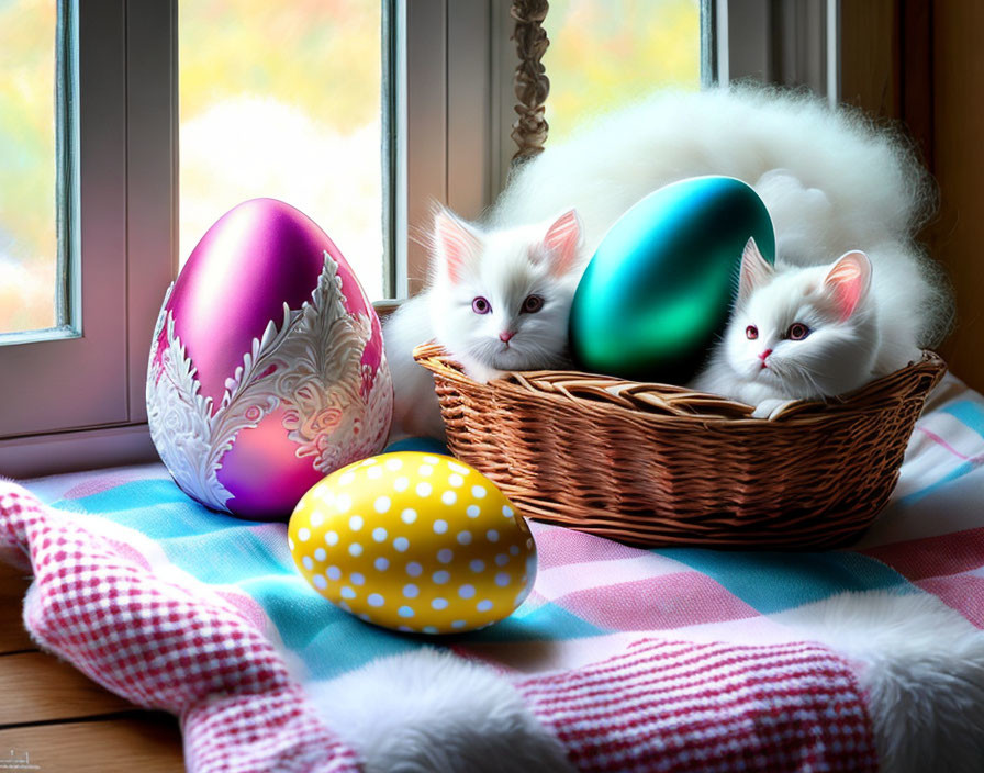Fluffy white kittens with Easter eggs on windowsill