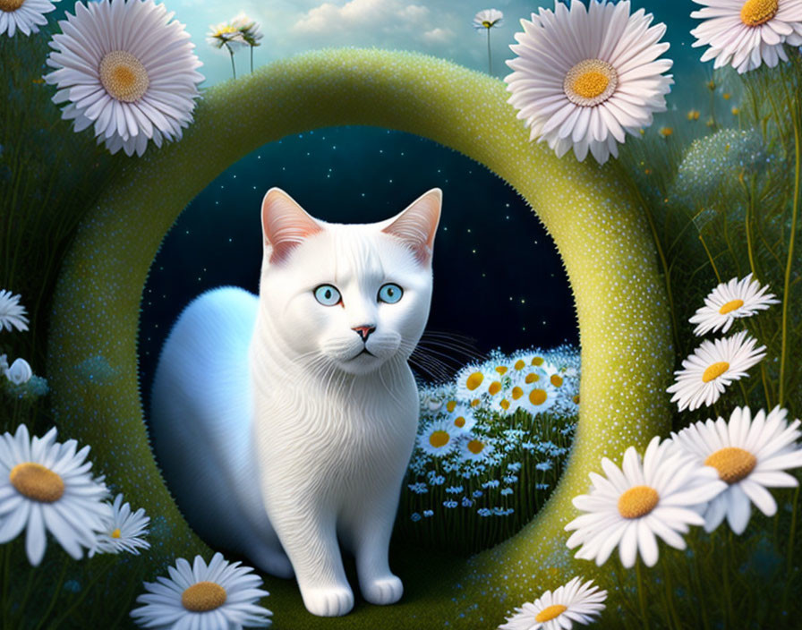 White Cat with Blue Eyes in Oval Frame Surrounded by Daisies and Night Sky