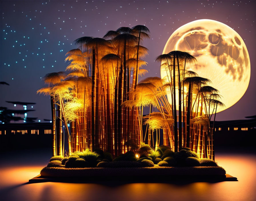 Tropical island palm trees under starry night sky with full moon
