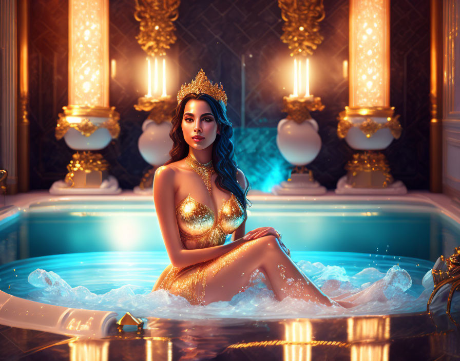 Luxurious woman in golden gown and tiara in lavish bubble bath