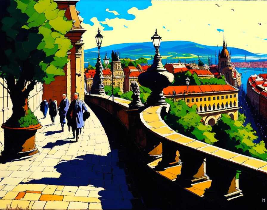 Colorful painting of people by balustrade in historic city.