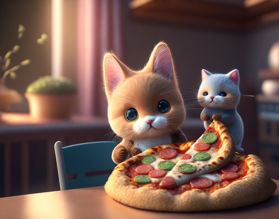 Cartoon kittens with pizza on table under warm lighting