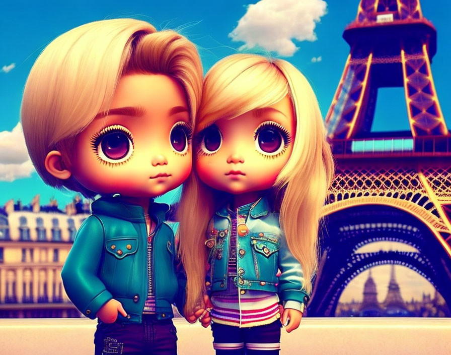 Animated characters with large eyes at Eiffel Tower on sunny day