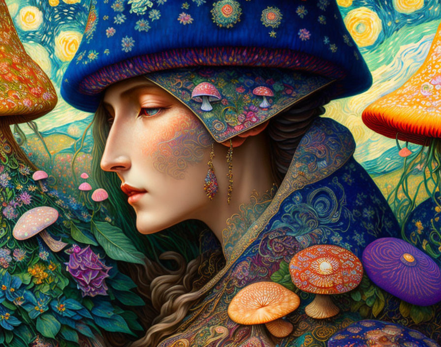 Colorful Woman in Blue Outfit Surrounded by Mushrooms and Plants