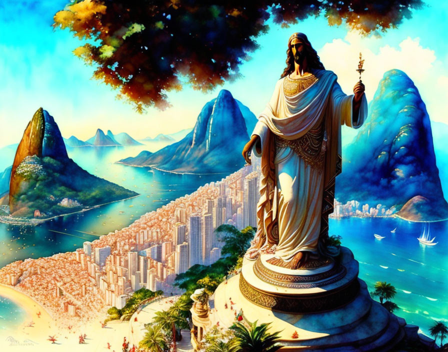 Majestic statue overlooking coastal city with mountains, skies, and waters
