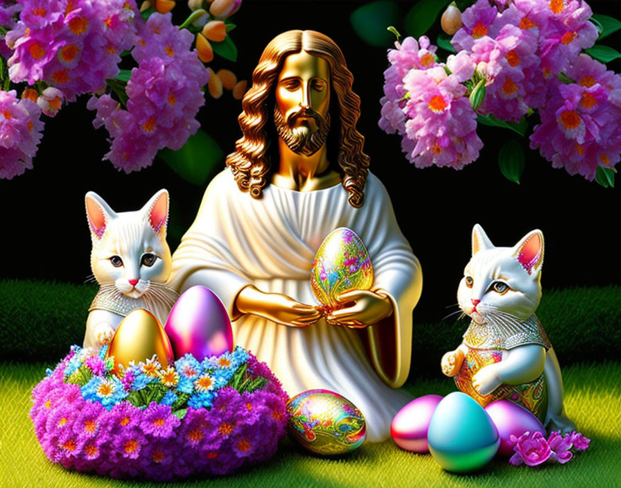 Digital artwork of serene figure with animated kittens, Easter eggs, flowers on green background