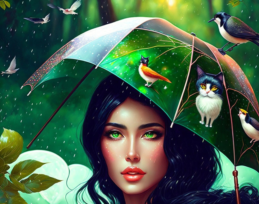Digital artwork: Woman with green eyes, umbrella, birds, cat, rainy backdrop