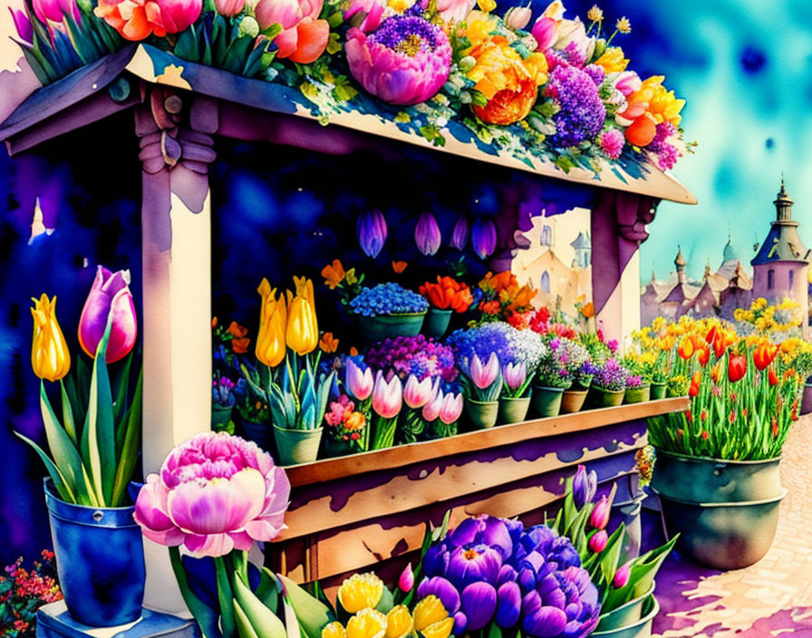 Colorful Flower Stall Illustration with Tulips and Starry Background