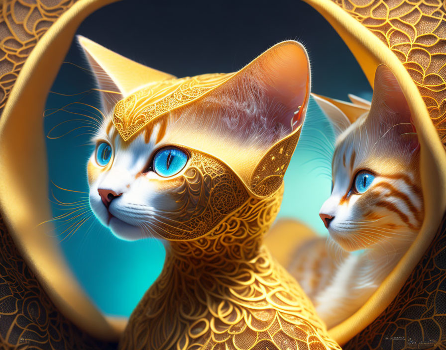 Golden cat with blue eyes reflected in mirror: Fantasy-realism blend