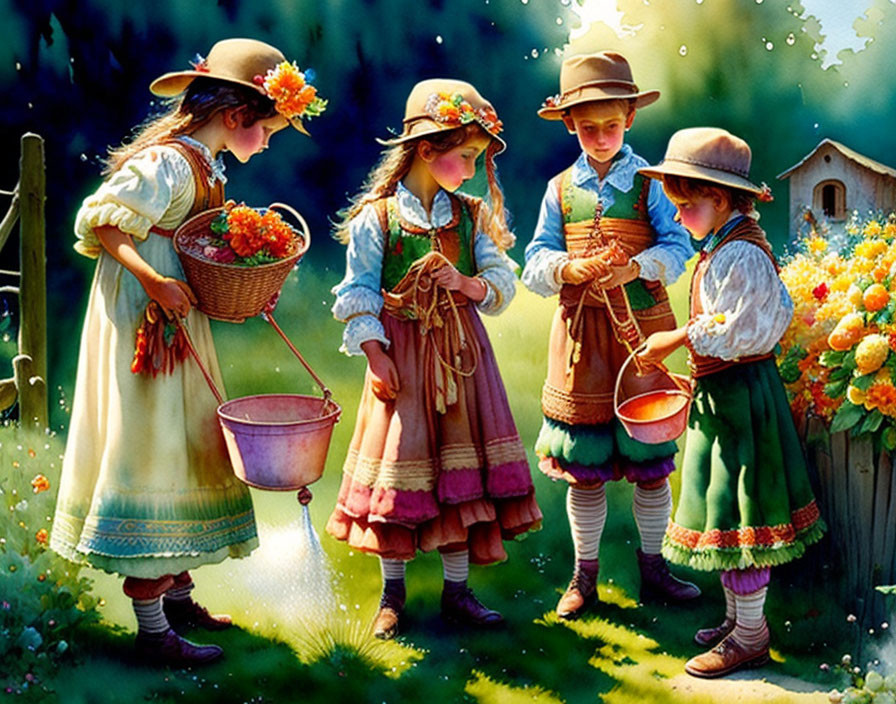 Four Children in Traditional Attire Holding Fruit Baskets in Sunny Garden
