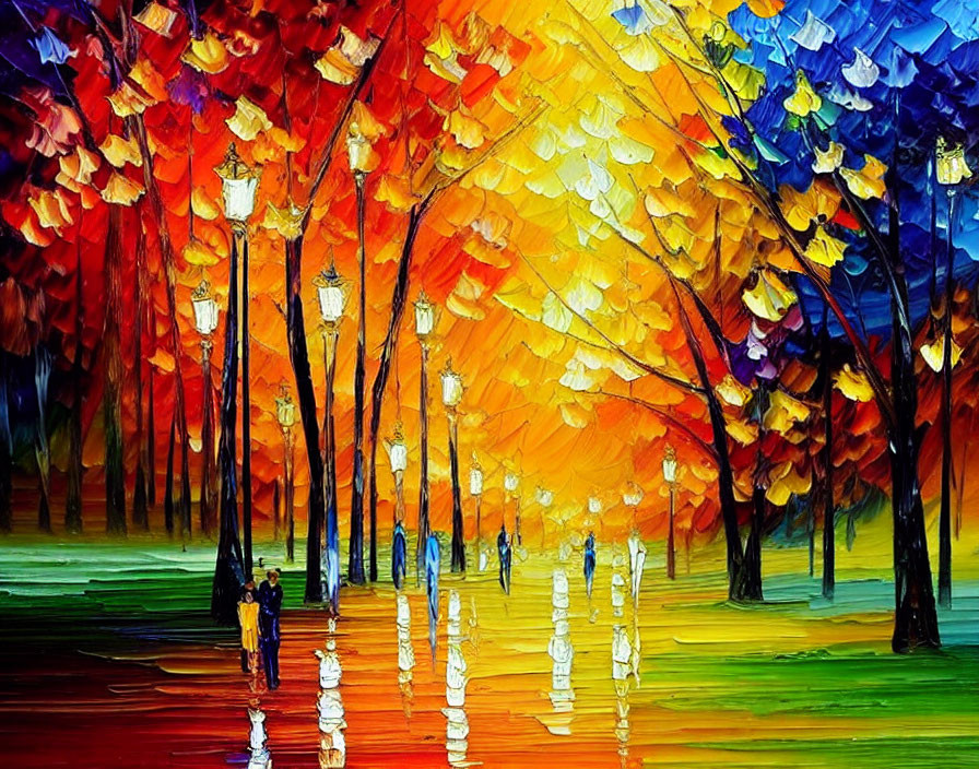 Colorful Autumn Park Scene with Trees, Street Lamps, and Strolling Silhouettes