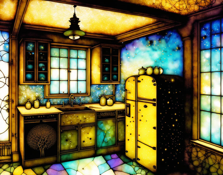 Colorful Vintage Kitchen with Starry Night Sky View