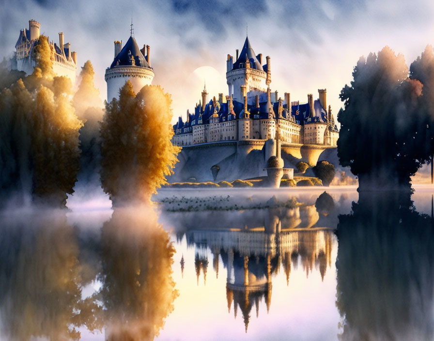 Fairytale castle in misty autumn setting by tranquil lake