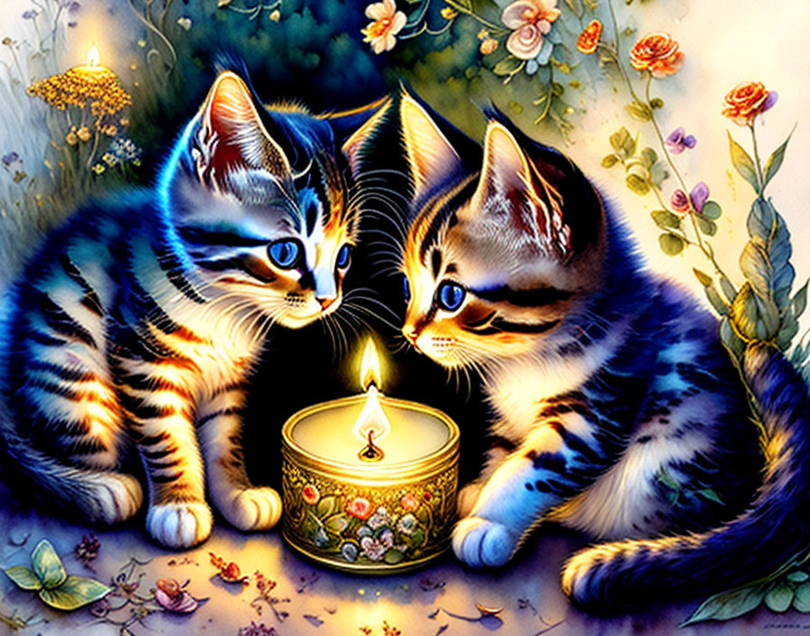 Two kittens with a lit candle and flowers in a vibrant setting.