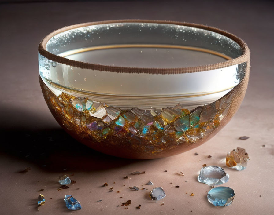 Colorful Crystal Adorned Decorative Bowl with Gold Trim & Textured Surface