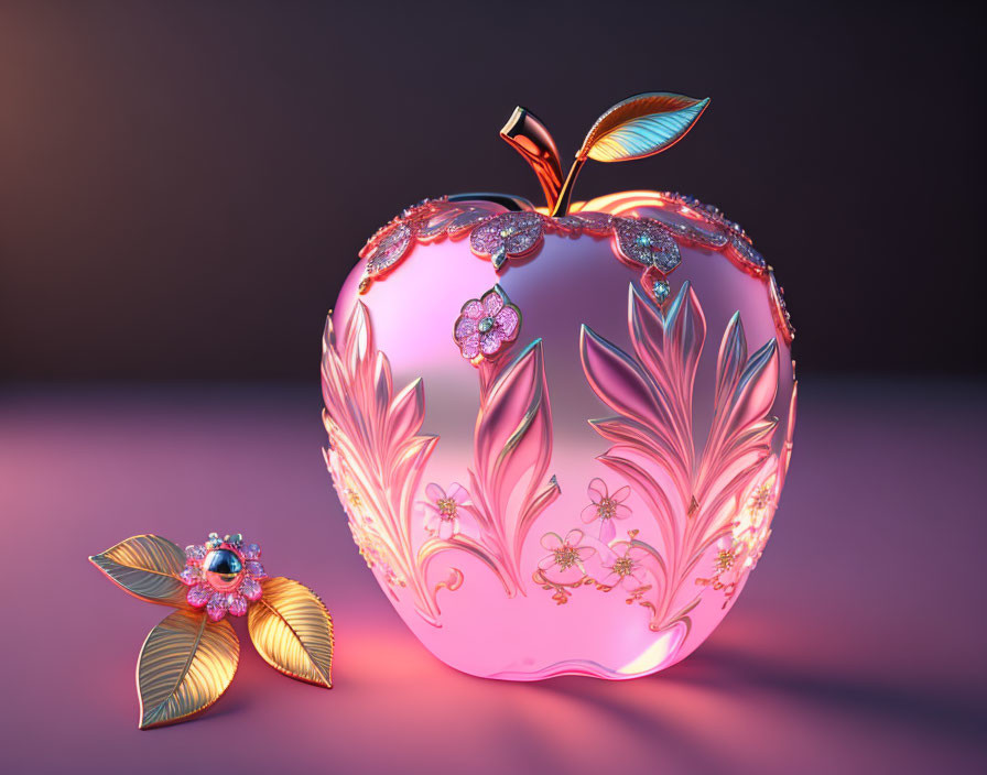 Jewel-encrusted pink apple and flower brooch on purple backdrop