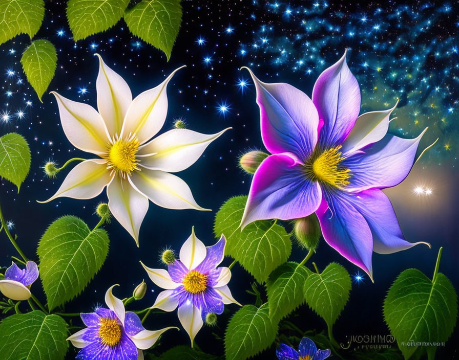 Vibrant white and purple flowers on cosmic background with stars.