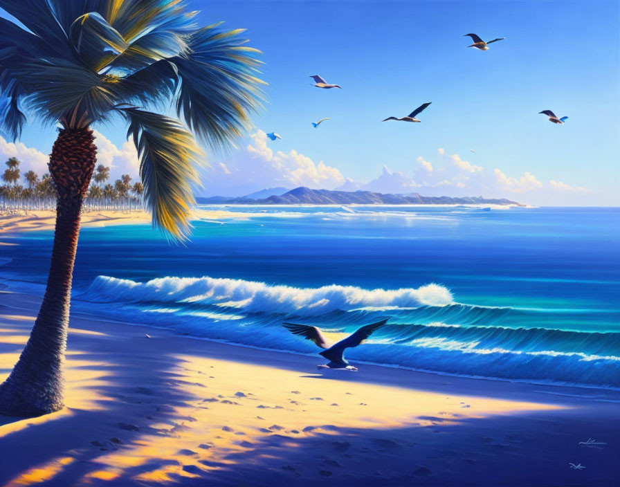 Tropical beach with palm tree, clear blue waves, seagulls, and mountains