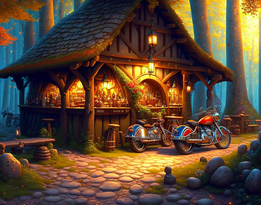 Cozy cottage in magical forest with warm light and classic motorcycle