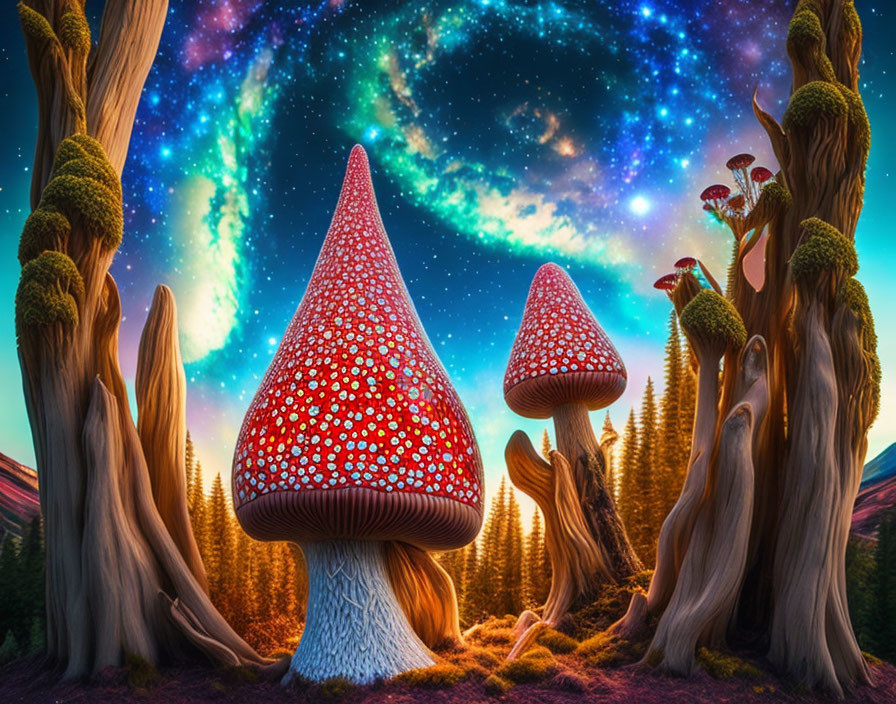 Fantasy illustration: Oversized red and white spotted mushrooms in mystical forest with vibrant galaxy in night sky