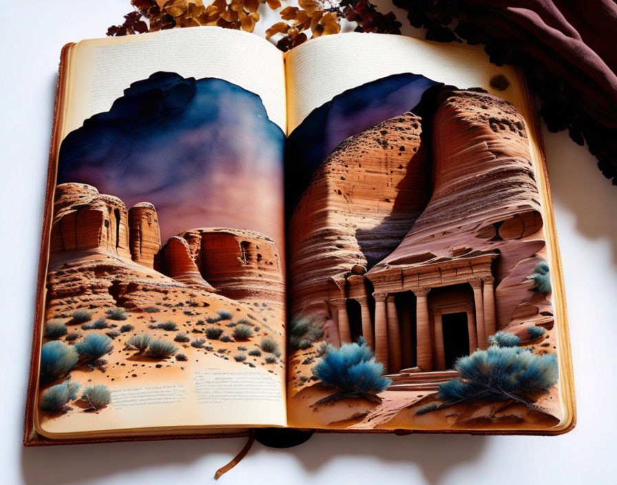 Realistic 3D Desert Scenery and Rock Formations in Open Book