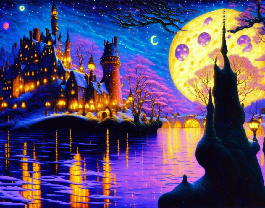 Fantasy castle at night with yellow moon and starry sky