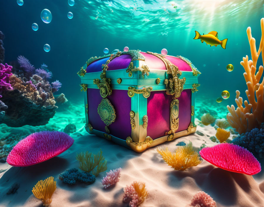 Vibrant treasure chest on sandy seabed with coral reefs and fish under sunlight.