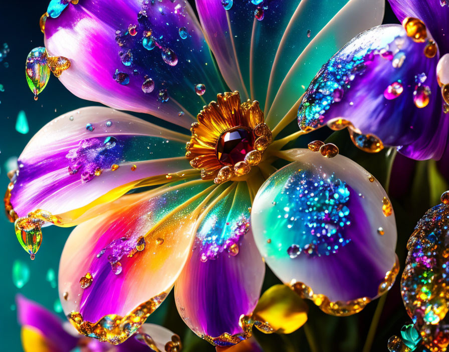 Vibrant Close-Up of Purple and Orange Flower with Water Droplets