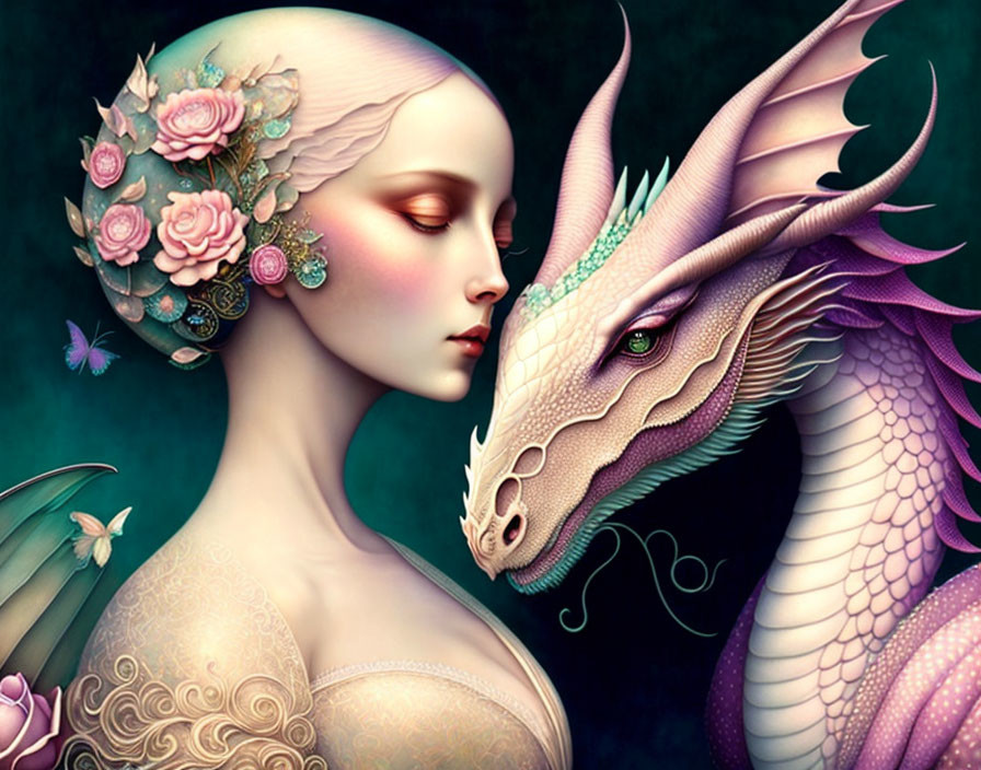 Woman with floral hairpieces and pastel dragon in serene portrait