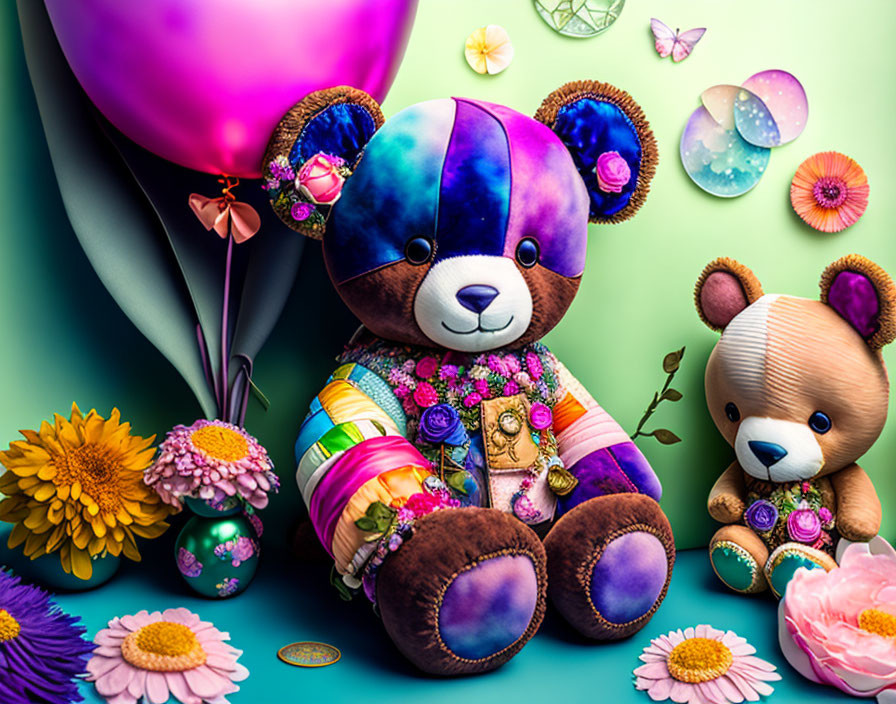 Patchwork Teddy Bear with Flowers and Jewelry on Teal Background