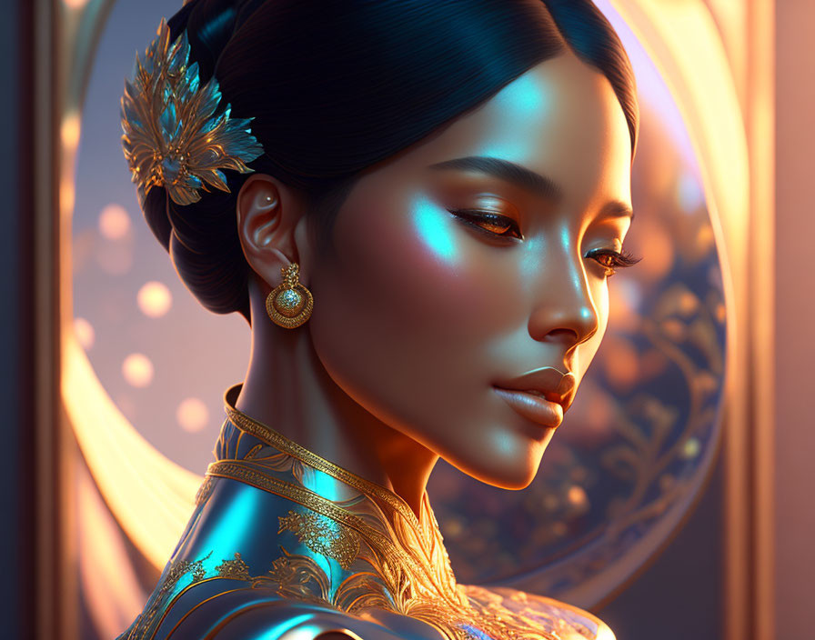 Digital Artwork: Woman with Golden Accessories and Metallic Skin
