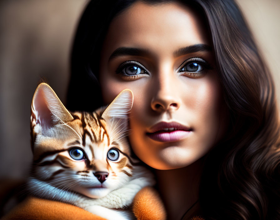 Woman with Striking Blue Eyes Holding Matching Blue-Eyed Kitten