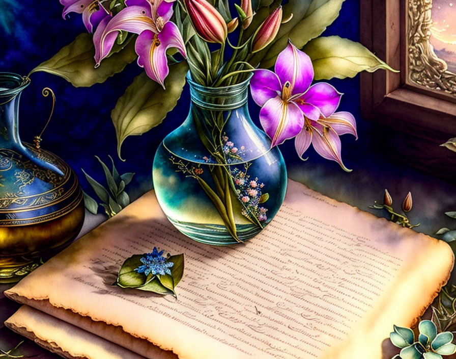 Tranquil still life with purple flowers, golden jar, open book, blue flower, window at