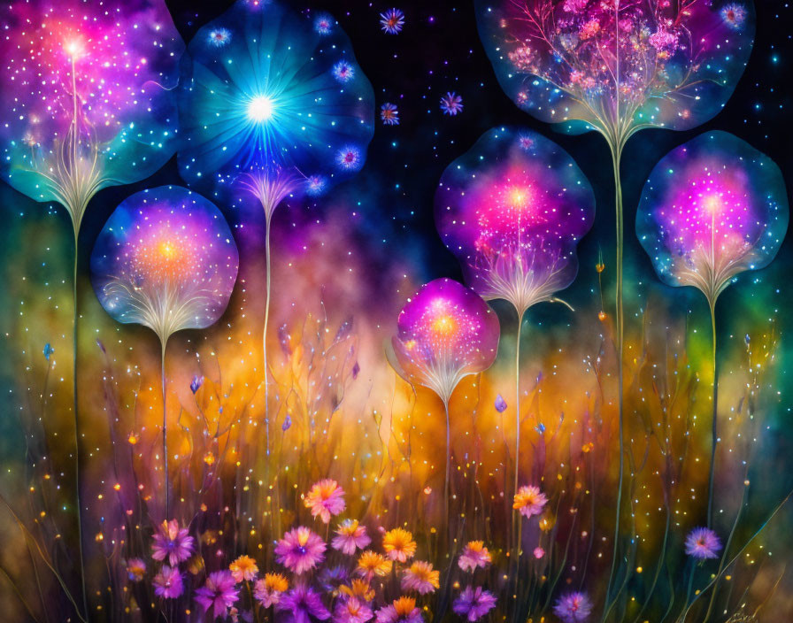 Colorful digital art: Glowing dandelion-like flowers in cosmic night sky