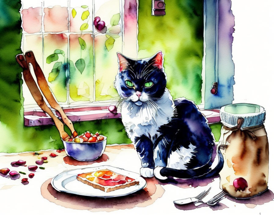 Black and white cat with toast and jar in watercolor illustration