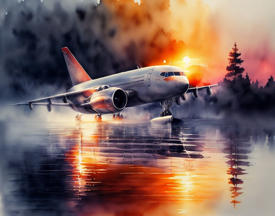 Airplane landing near water at sunset with stunning reflection