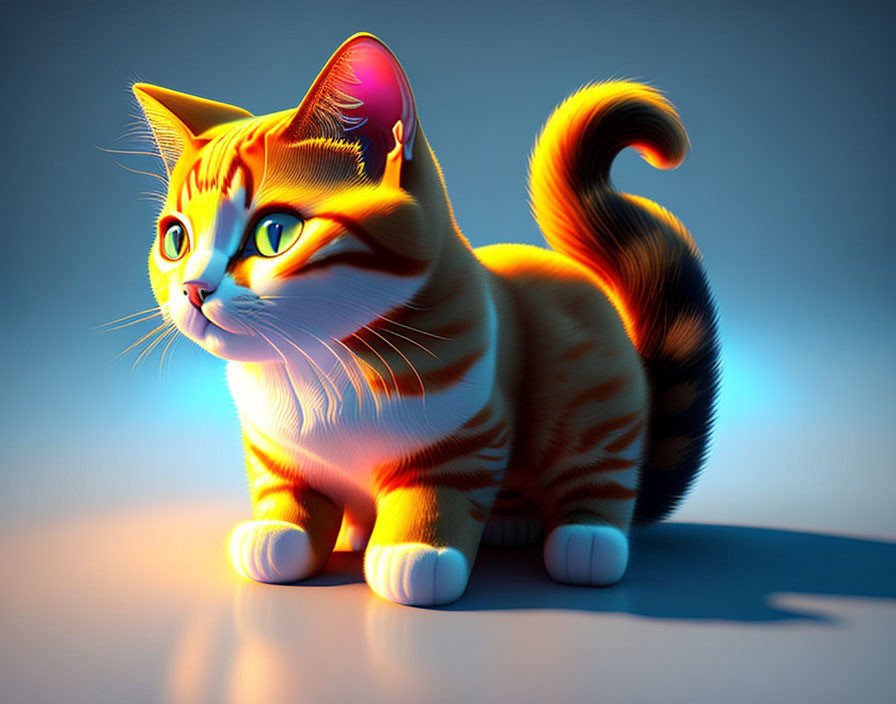 3D illustration of orange tabby cat with glowing edges and blue eyes