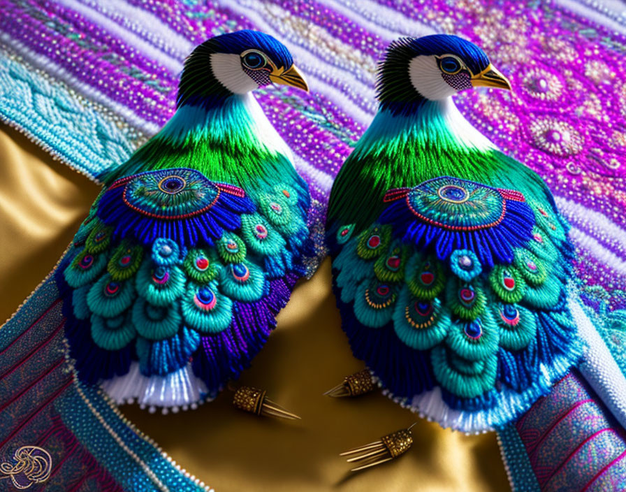 Colorful digitally created peacocks on vibrant background