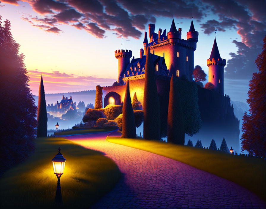 Castle at Twilight: Illuminated Towers, Cobblestone Path, Lush Gardens, Purple Sky