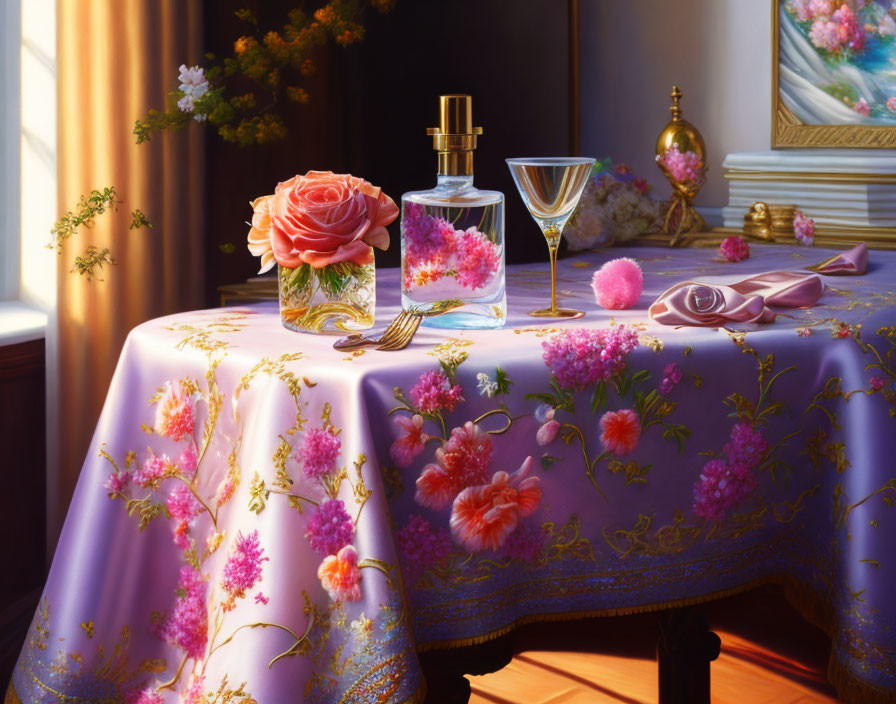 Sophisticated still-life with perfume bottle, martini glass, flowers on tablecloth.