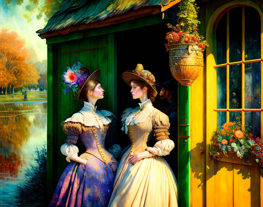 Two Women in Victorian Dresses by Green Wooden Door in Autumnal Park