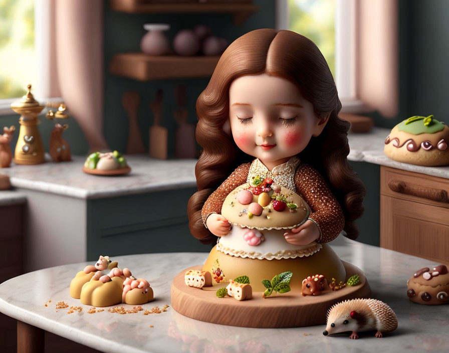 Stylized 3D illustration of girl with sweets and hedgehog
