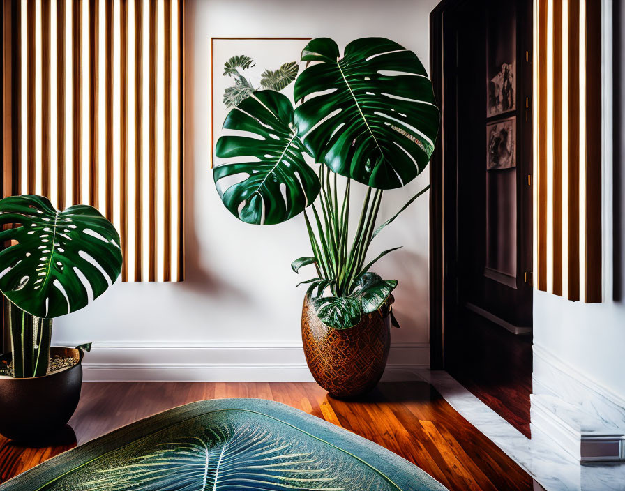 Modern interior with monstera plants, hardwood floors, striped walls, and leaf-patterned armchair