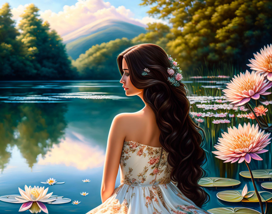 Woman with Long Wavy Hair by Tranquil Lake and Blooming Water Lilies