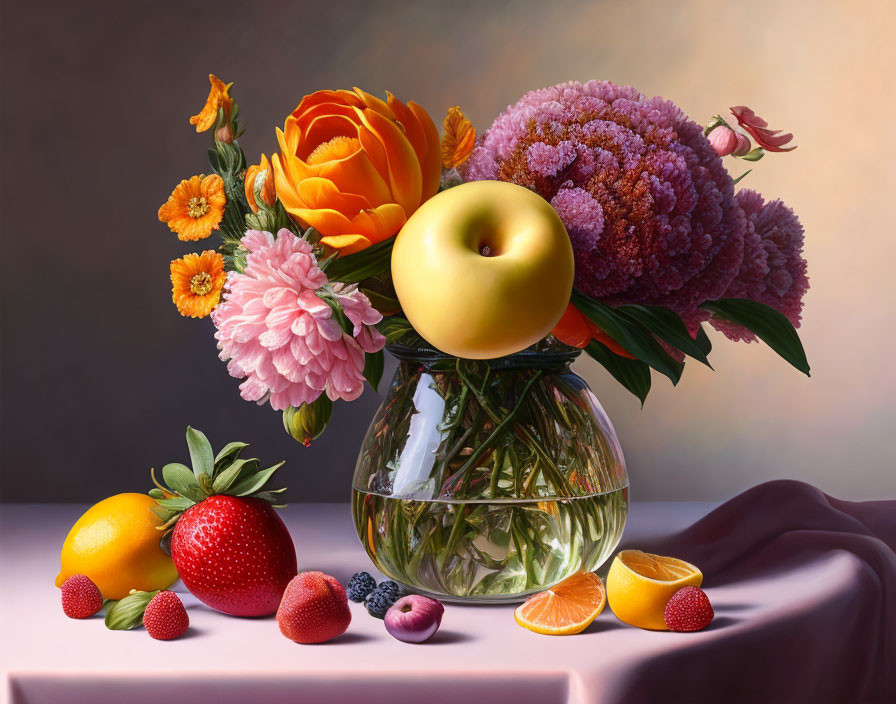 Vibrant flower and fruit still life composition on draped surface