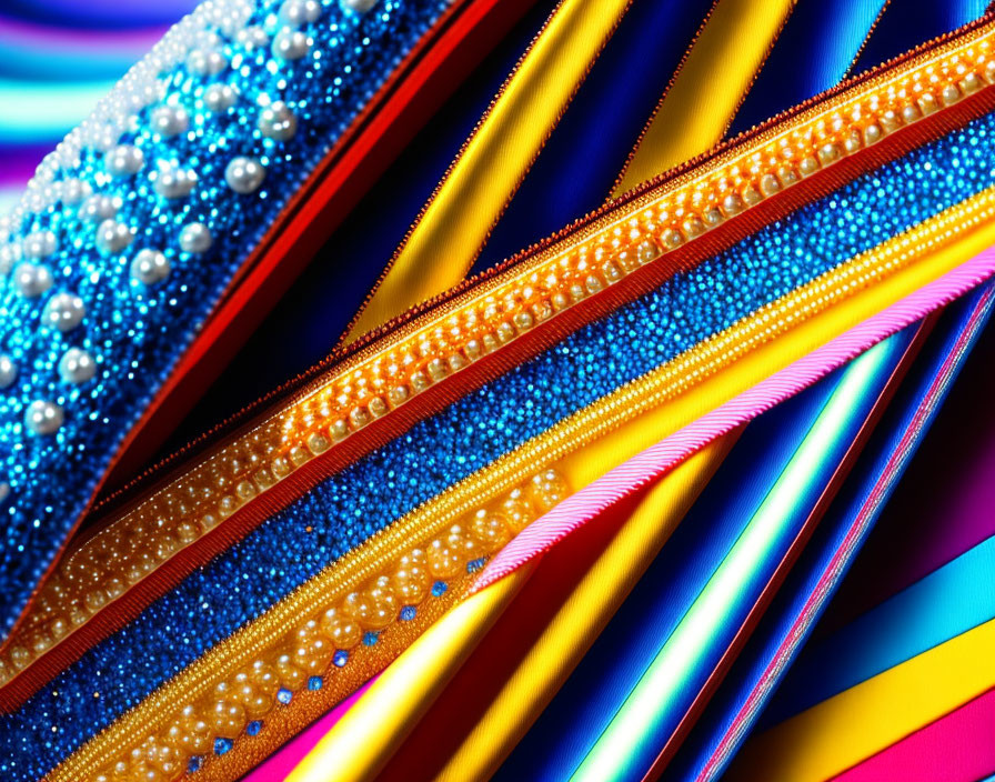 Colorful Ribbons with Glitter and Beads Forming Abstract Pattern